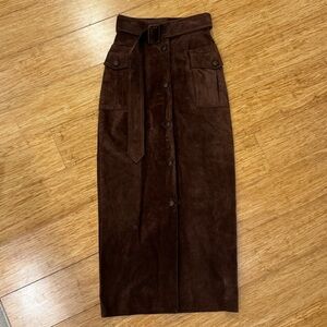 Rare vintage chocolate brown suede belted midi pencil skirt